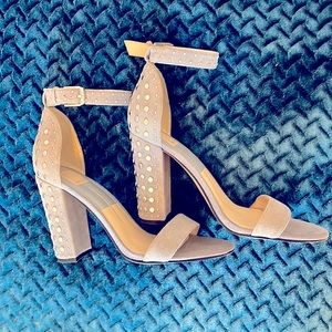 Dolce Vita Grey Suede Sandals with Studded Block Heels, Size 9 1/2